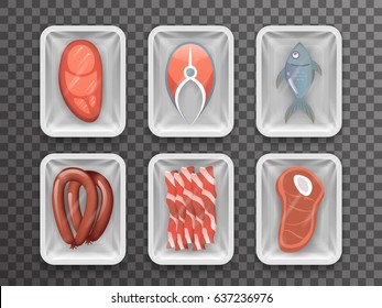 Meat fish sausage bacon tenderloin disposable food pack isolated 3d realistic shop package box with shadow mockup transparent background design vector illustration