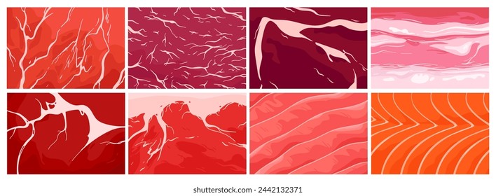 Conjunto de texturas de carne y pescado, activos de juego y colección de patrones de macroestructuras. Filete de salmón y filete de res rojo de mármol, cerdo con capas de grasa, solomillo envejecido ilustración vectorial de dibujos animados