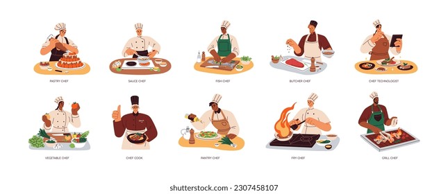 Meat, fish, vegetable and sauces chefs at work in restaurant. Professional cooks, culinary workers preparing, cooking different dishes at kitchen. Flat vector illustration isolated on white background