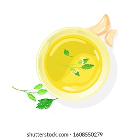 Meat, fish or vegetable vegetarian transparent broth in porcelain bowl garnished with greenery and cloves of garlic. Thin watery yellow soup without much substance. Top view. Vector isolated on white.