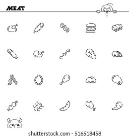 Meat flat icon set. Collection of high quality outline symbols of meat food for web design, mobile app. Vector thin line vector icons or logo of chiken, bee, sausage, ribs, etc.