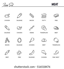 Meat flat icon set. Collection of high quality outline symbols of meat food for web design, mobile app. Vector thin line vector icons or logo of chiken, bee, sausage, ribs, etc.