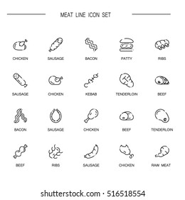 Meat flat icon set. Collection of high quality outline symbols of meat food for web design, mobile app. Vector thin line vector icons or logo of chiken, bee, sausage, ribs, etc.