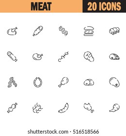 Meat flat icon set. Collection of high quality outline symbols of meat food for web design, mobile app. Vector thin line vector icons or logo of chiken, bee, sausage, ribs, etc.