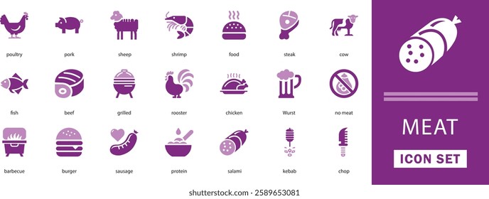 Meat flat vector icon set. with sheep, shrimp,  poultry, sausage, protein,  salami, chop,  and more icons. solid  icons illustration