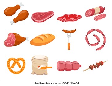 Meat flour and bread flat food icons set vector. Fresh meat icon