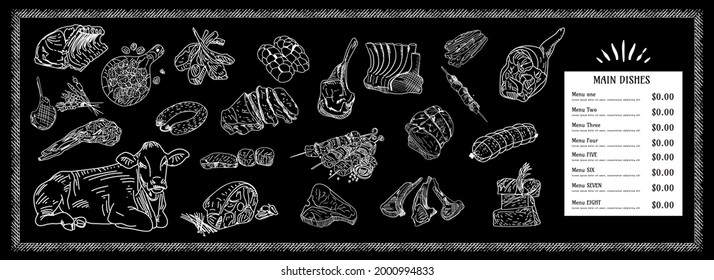 Meat flyer template illustration. Hand drawn illustration. Pieces of meat design template. Design element for poster, menu, flyer, banner, menu, package.