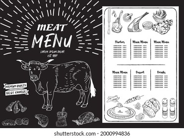 Ilustración de la plantilla de folleto de carne. Ilustración dibujada a mano. Plantilla de diseño de trozos de carne. Elemento de diseño para afiche, menú, volante, banner, menú, paquete.