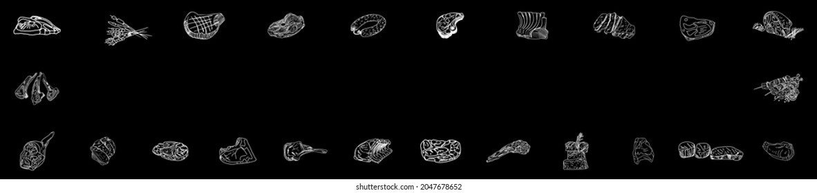 Ilustración de la plantilla de folleto de carne. Ilustración dibujada a mano. Plantilla de diseño de trozos de carne. Elemento de diseño para afiche, menú, volante, banner, menú, paquete.