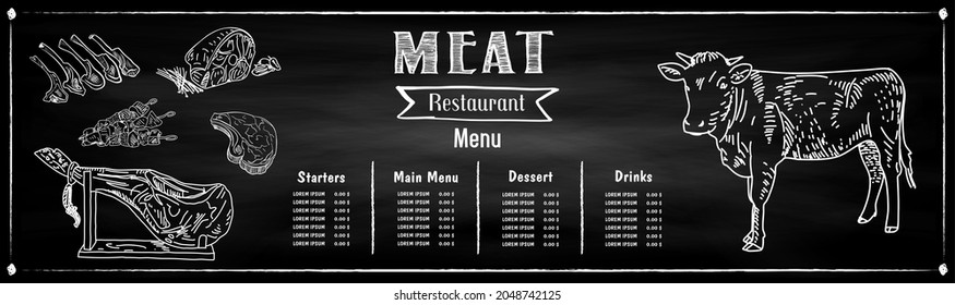 Meat flyer template illustration. Hand drawn illustration. Pieces of meat design template. Design element for poster, menu, flyer, banner, menu, package.