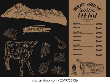 Meat Flyer Template Illustration. Hand Drawn Illustration. Pieces Of Meat Design Template. Design Element For Poster, Menu, Flyer, Banner, Menu, Package.