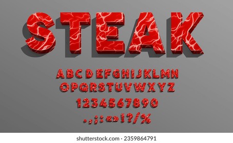 Meat font, butcher type, grill typeface, bbq beef letters alphabet, vector food typography. Beef or pork steak abc font, letters and numbers made of raw meat with white and red marble texture