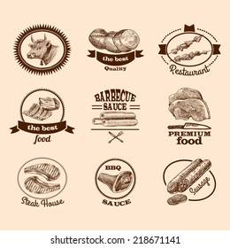 Meat food best quality premium steak decorative labels sketch set isolated vector illustration
