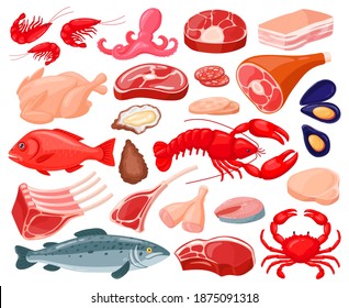 Meat food. Cartoon seafood and butcher shop food, shrimps, salmon, lobster, prime rib, bacon and beef steak. Protein food vector illustration set. Steak food, seafood and meat, prawn and beef