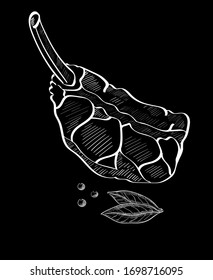Meat, food, chalk vector isolated design elements on black background. Concept for logo, menu, cards 