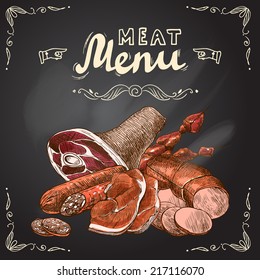 Meat food chalkboard set with pork fillet chop steak and sausage vector illustration