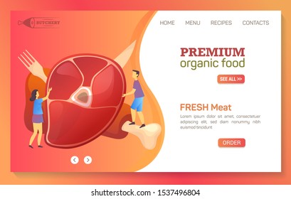 Meat food company website landing page template, butchery shop products, online store web banner. Farm fresh meat food market and delivery service, vector flat graphic modern design