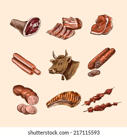 Meat food decorative icons set of chop steak slices colored sketch isolated vector illustration