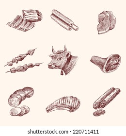 Meat Food Decorative Icons Set Of Cow Ham Fillet Sketch Isolated Vector Illustration