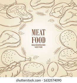 Meat food doodle Frame. Linear graphic. Vector illustration