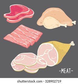  Meat food eat beef pork bacon chicken fresh raw piece slice cartoon vector