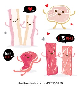 Meat food eat beef pork bacon chicken fresh raw piece slice cartoon vector