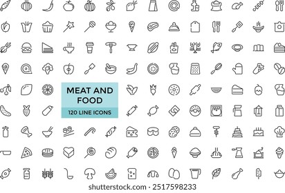Meat and food Editable Icons collections, Vector illustration in modern thin line style of food related icons: chicken, beef, and more. Outline icons collection. Simple and editable vector art.