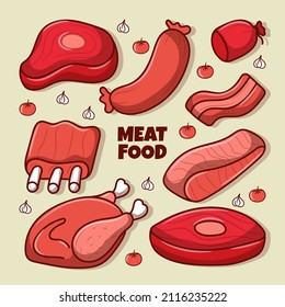 Meat food element set with colored hand drawn doodle illustration