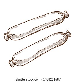Meat food, gut sausages or frankfurters isolated sketch vector. Butchery shop, cooking and culinary, dish ingredient or snack, pork. Cuisine and meal, animal origin, semi-finished product drawing