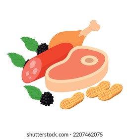 Meat food icon isometric vector. Chicken leg, sausage stick and beef tenderloin. Meat product, cooking food