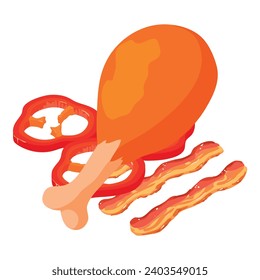 Meat food icon isometric vector. Fried chicken leg near bacon slice and pepper. Food concept, protein product