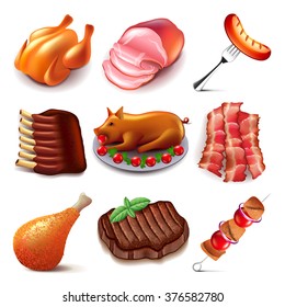 Meat food icons detailed photo realistic vector set