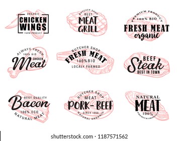 Meat food icons with hand drawn calligraphy lettering. Beef and pork steak, chicken leg and wings, bacon and ham sketches. Vector butcher shop label and grill restaurant symbols