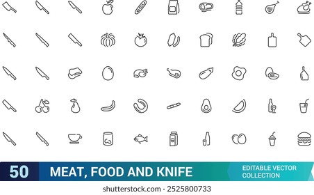 Carne y comida, cuchillo, cuchillo de comida, aves de corral, pescado y huevos mínima línea delgada conjunto de íconos de Web. Colección de iconos de contorno. Simple Ilustración vectorial.