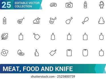 Carne y comida, cuchillo, cuchillo de comida, aves de corral, pescado y huevos mínima línea delgada conjunto de íconos de Web. Colección de iconos de contorno. Simple Ilustración vectorial.