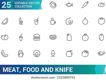 Carne y comida, cuchillo, cuchillo de comida, aves de corral, pescado y huevos mínima línea delgada conjunto de íconos de Web. Colección de iconos de contorno. Simple Ilustración vectorial.