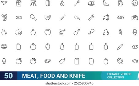 Carne y comida, cuchillo, cuchillo de comida, aves de corral, pescado y huevos mínima línea delgada conjunto de íconos de Web. Colección de iconos de contorno. Simple Ilustración vectorial.