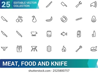 Meat And Food, knife, food knife, poultry, fish and eggs minimal thin line web icon set. Outline icons collection. Simple vector illustration.