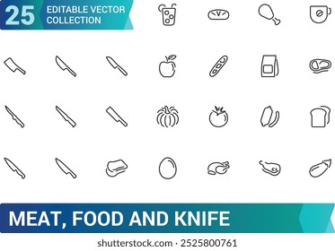 Meat And Food, knife, food knife, poultry, fish and eggs minimal thin line web icon set. Outline icons collection. Simple vector illustration.