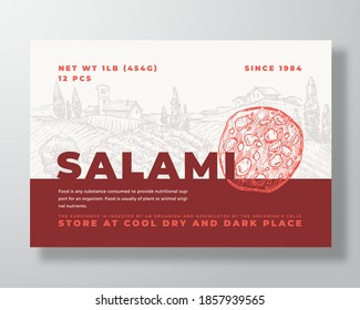 Meat Food Label Template. Abstract Vector Packaging Design Layout. Modern Typography Banner with Hand Drawn Salami Sausage Slice and Rural Landscape Background. Isolated.