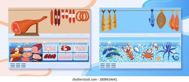 Meat food market stall vector illustration. Cartoon shopwindow with seafood and butcher meat products, fresh frozen smoked fish, chicken fillet, lamb ham and sausages on marketplace shelves background