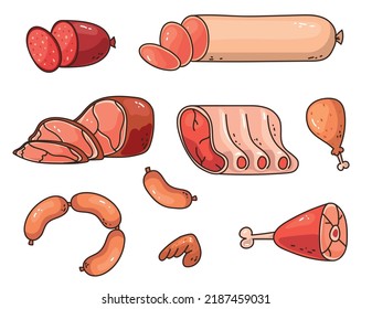 Meat food raw steak chicken beef pork sausage barbecue isolated set collection concept. Vector graphic design element illustration

