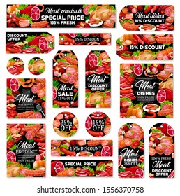 Meat food sale tags vector design with special discount price offers of pork sausages, beef steak and salami, ham, bacon and chicken, lamb brisket, barbecue burger cutlet and grilled frankfurter