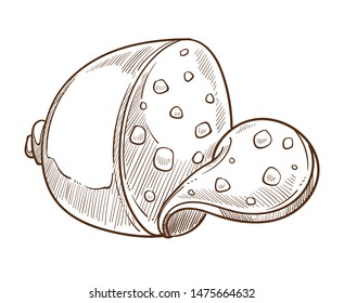 Meat food, sausage or ham isolated sketch vector. Butchery product, cooking and culinary, dish ingredient or snack. Cuisine and meal, animal origin, pork and fat, cutting slice monochrome drawing