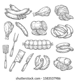 Meat food, sausages and kitchen cutlery isolated monochrome sketches. Vector beef and pork, lamb and mutton salami, bacon ham and chicken leg. Frankfurter and turkey, butcher shop and knife, fork