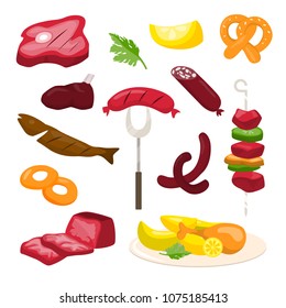 Meat food set with bread and vegetables.