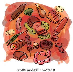 meat food set sketch illustration