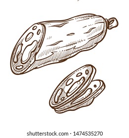 Meat food smoked sausage slices isolated sketch object vector butchery product cooking and culinary dish ingredient buffet table element, cuisine and meal animal origin pork monochrome drawing