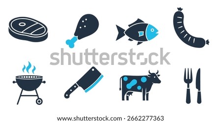 Meat and food vector icons set featuring beef chicken pork fish and cooking ingredients symbols
