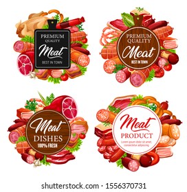 Meat food vector sausages, beef steaks and pork ham, salami, bacon and chicken, lamb and turkey with herbs and cutting board. Butcher shop or barbeque store emblems, labels design